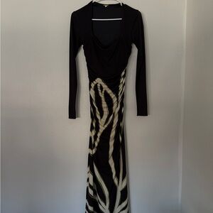 Black Long Sleeve Maxi Dress with Abstract Print